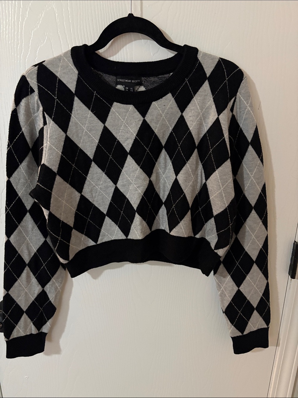 Streetwear Society Argyle Cropped Crew Sweater - Black and Gray